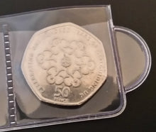 Load image into Gallery viewer, Close up view of a 50p coin in a sliding strip pocket