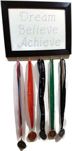 Load image into Gallery viewer, Medal Hanger with calligraphy style writing. Dream Believe Achieve
